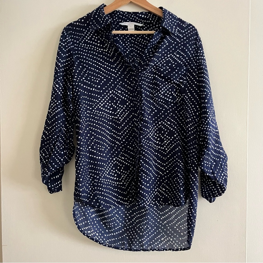 Diane Von Furstenberg Lorelai Two Navy Button Down Cotton Silk Lightweight 4 - Picture 2 of 14